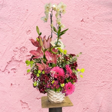 White Orchid w/ Pink Lilies, Gerberas & Lucky Bamboos